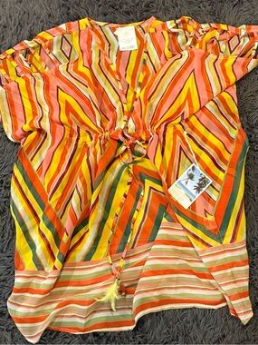 Violet Kay Bright Multicolor Striped Tie-Front Beach Coverup